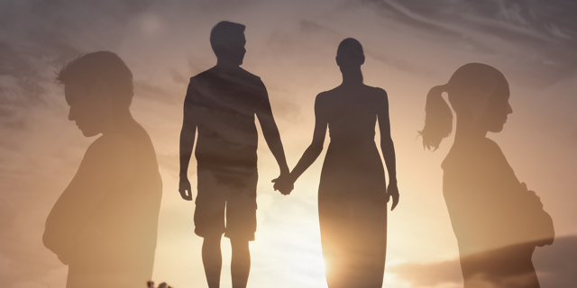 centrally a couple hold hands, to the side of the image they couple have their backs to one another