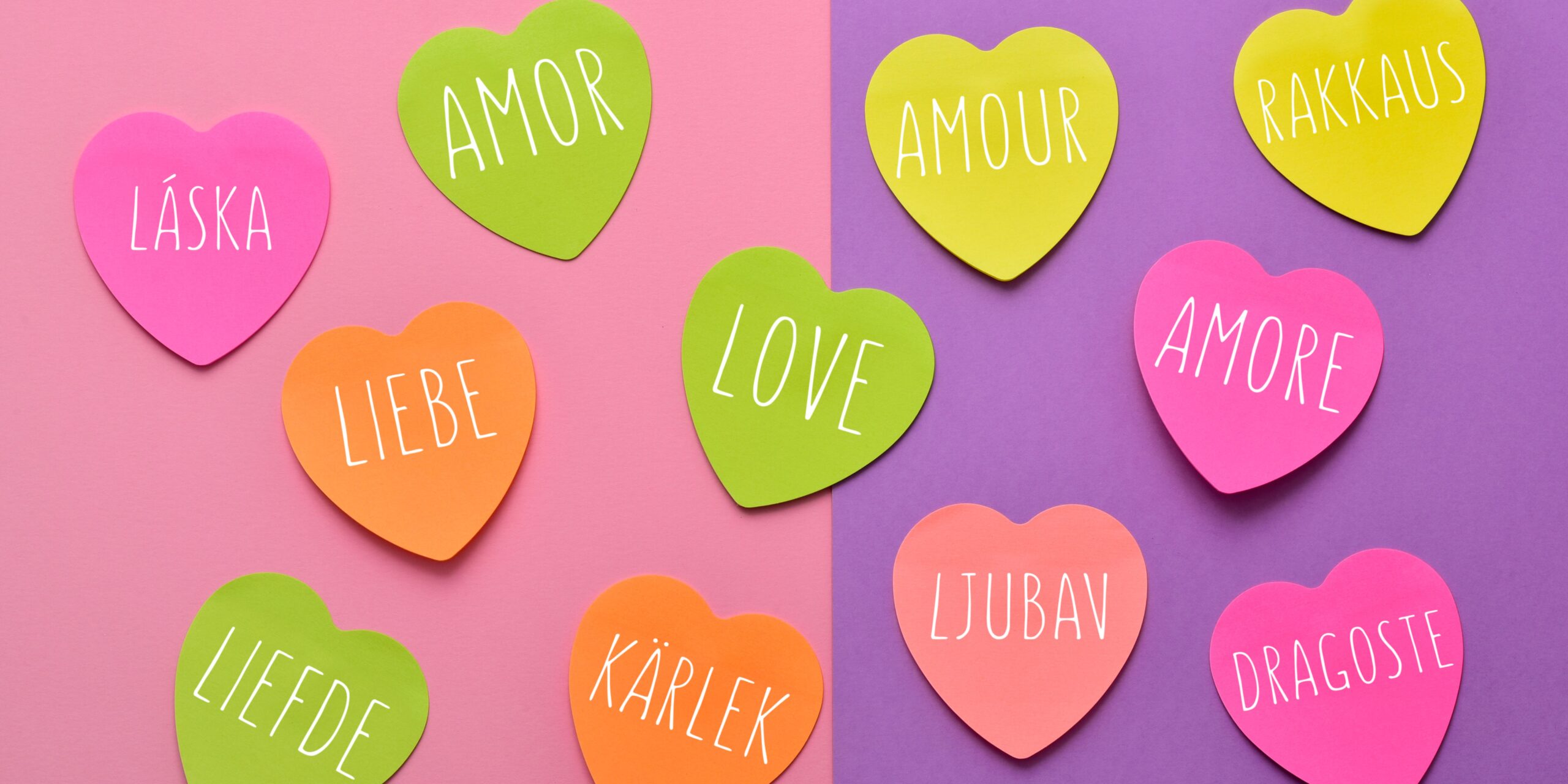 A collection of hearts with the word Love written in different languages