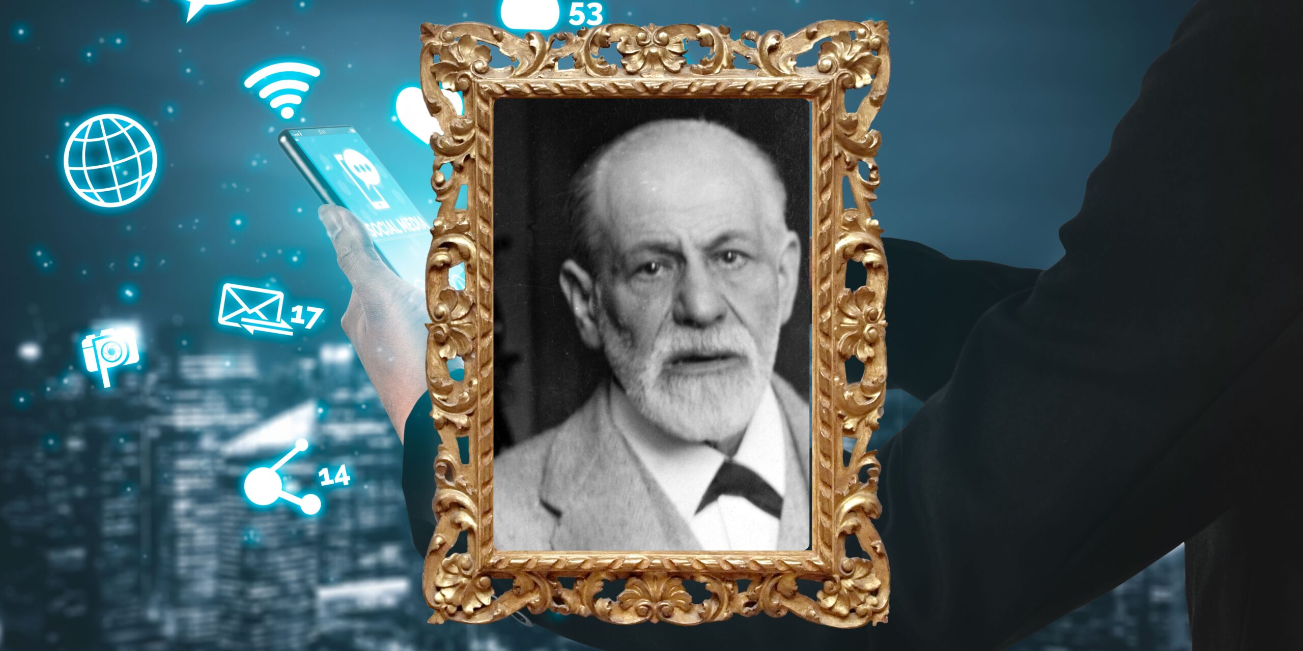 A picture of Sigmund Freud set within a gold plated frame with a background of digital media
